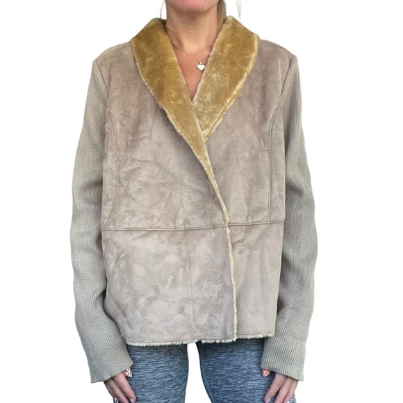 Jaclyn Smith Womens Sz XL Tan Faux Fur Collar Suede Front Knit Penny Lane Jacket - Picture 15 of 16